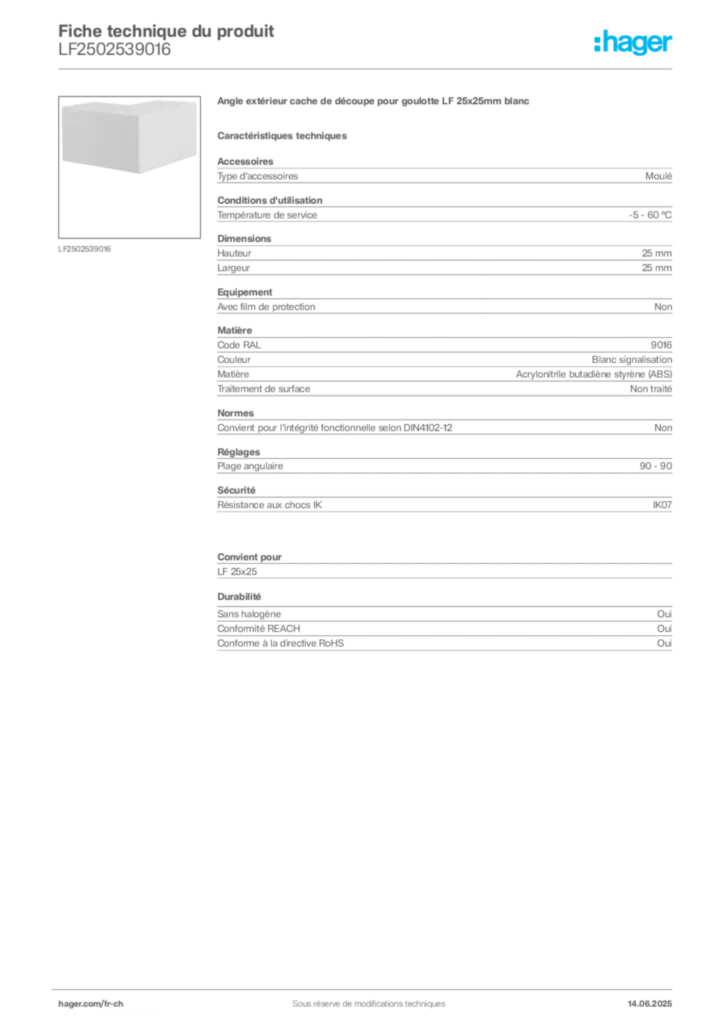 Image Hager Fiche technique du produit LF2502539016 | Hager Suisse