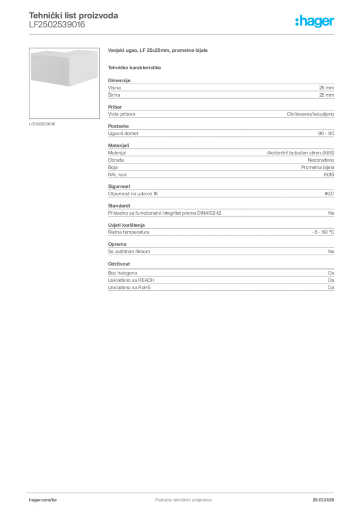 Slika Hager Product data sheet LF2502539016  | Hager