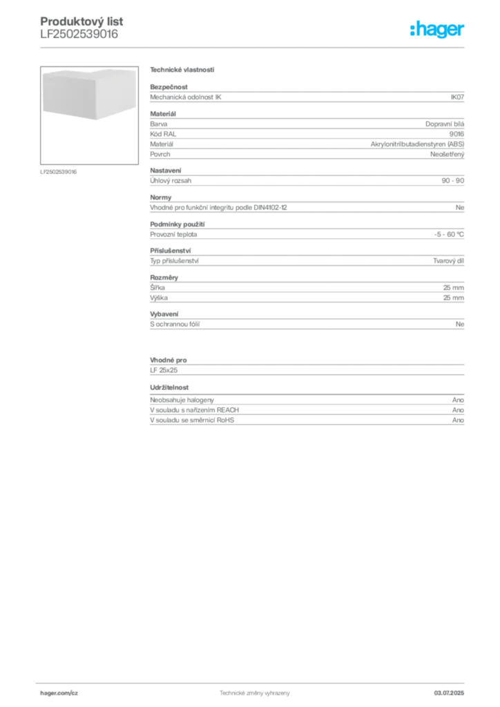 Obrázek Hager Produktový list LF2502539016 | Hager