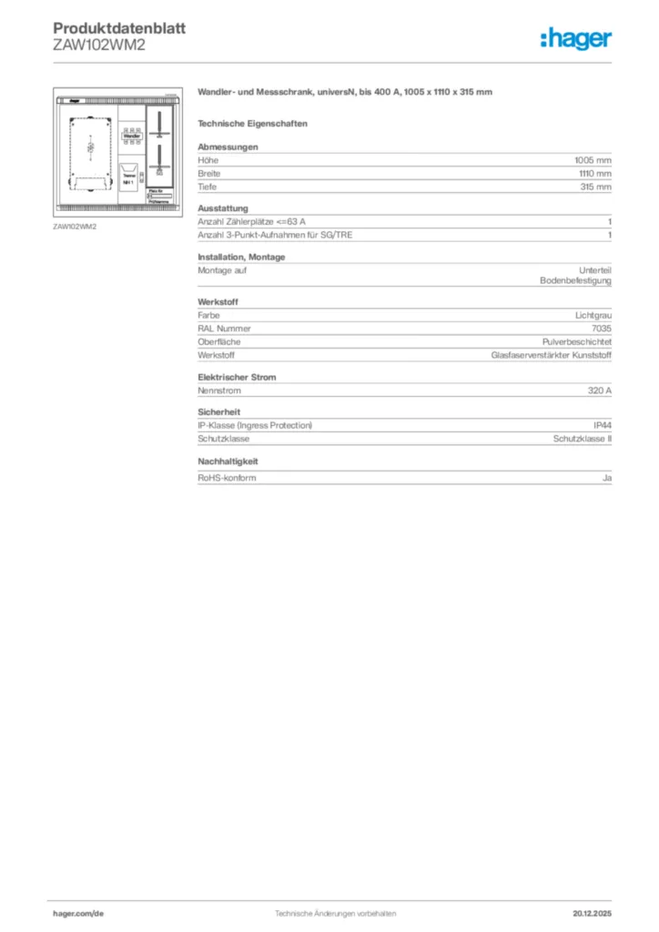 Bild Hager Produktdatenblatt ZAW102WM2 | Hager Deutschland