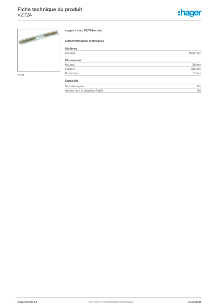 Image Hager Fiche technique du produit VZ724 | Hager Belgique