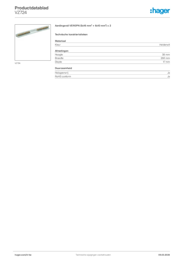 Afbeelding Hager Productdatablad VZ724 | Hager Belgium
