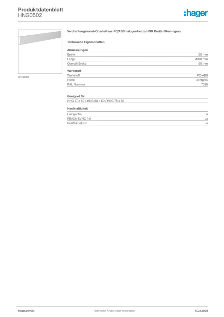 Bild Hager Produktdatenblatt HNG0502 | Hager Deutschland