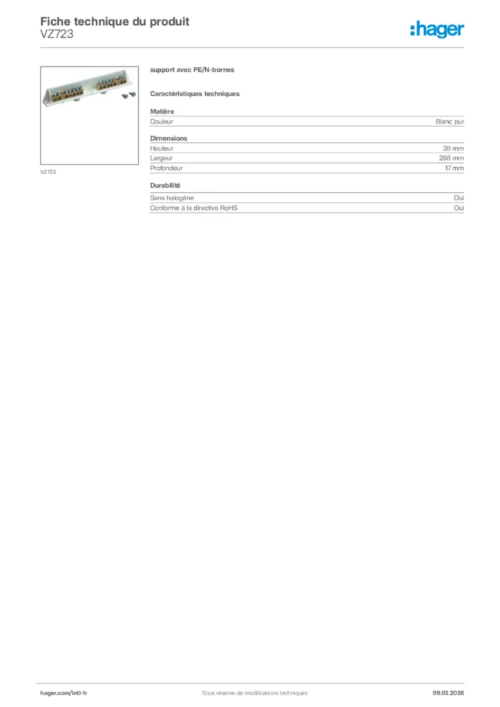 Image Hager Fiche technique du produit VZ723 | Hager Afrique