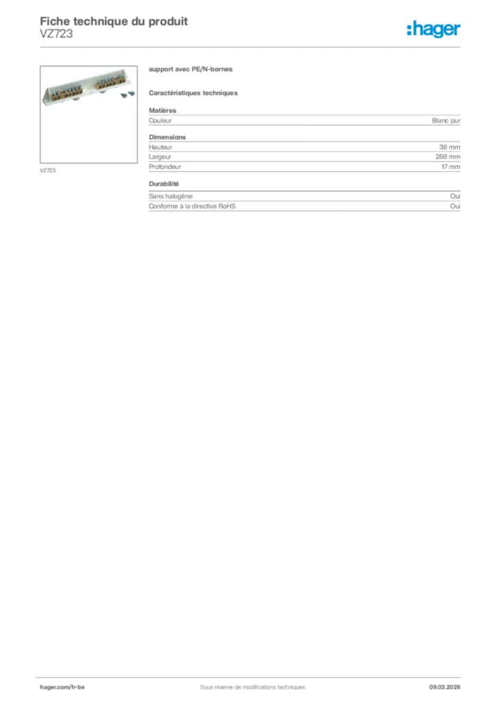 Image Hager Fiche technique du produit VZ723 | Hager Belgique