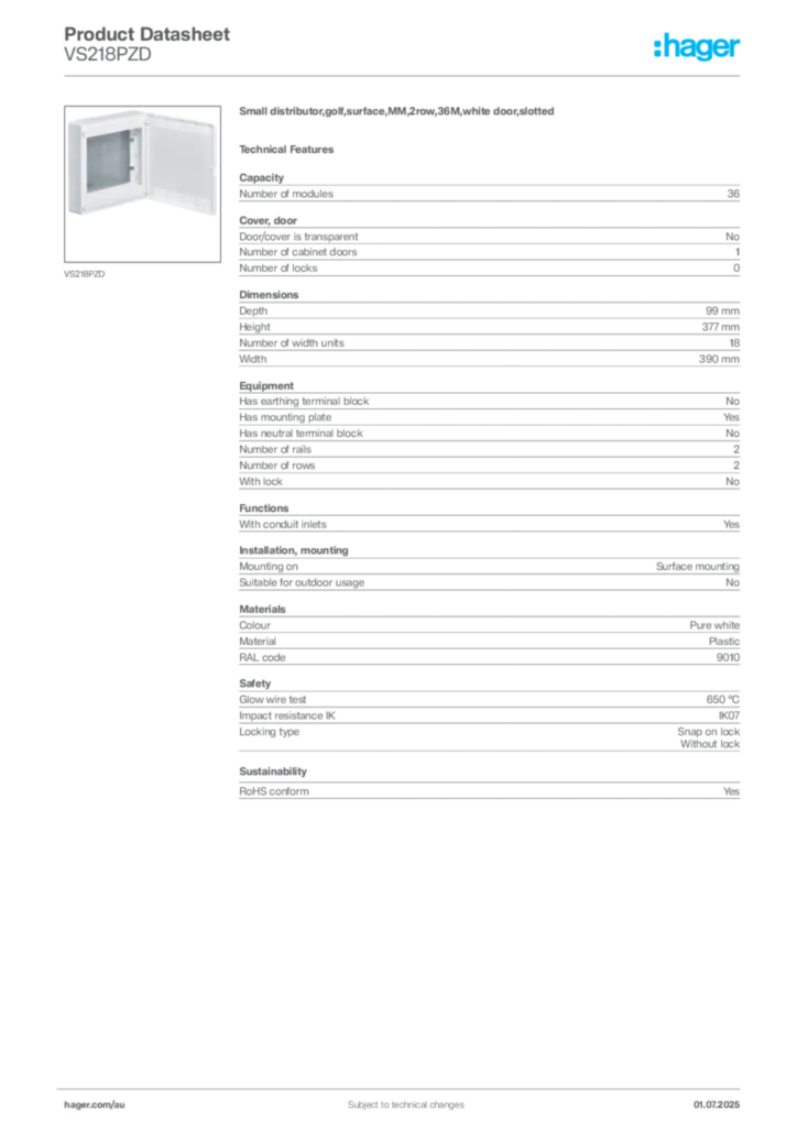 Image Hager Product data sheet VS218PZD  | Hager Australia