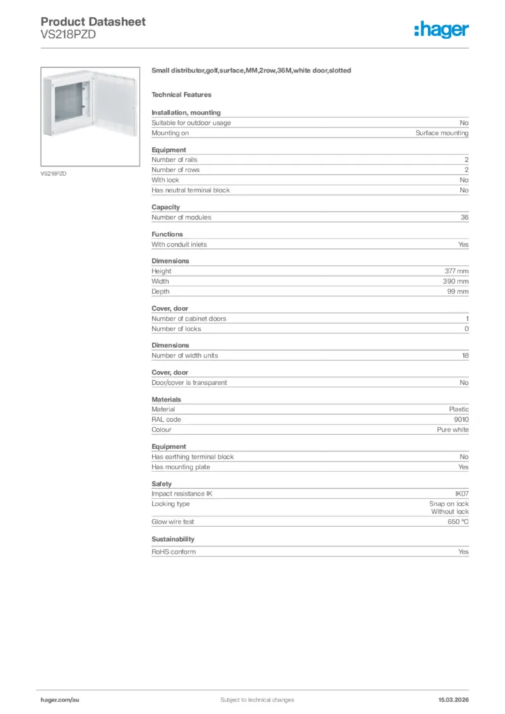 Image Hager Product data sheet VS218PZD  | Hager Australia