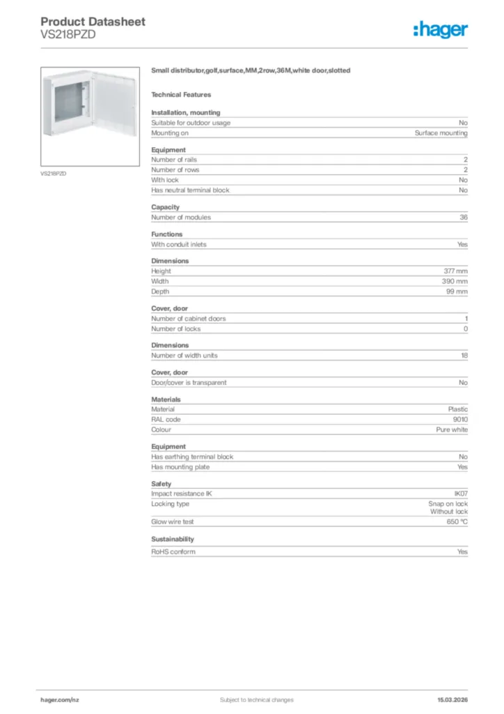 Image Hager Product data sheet VS218PZD  | Hager New Zealand