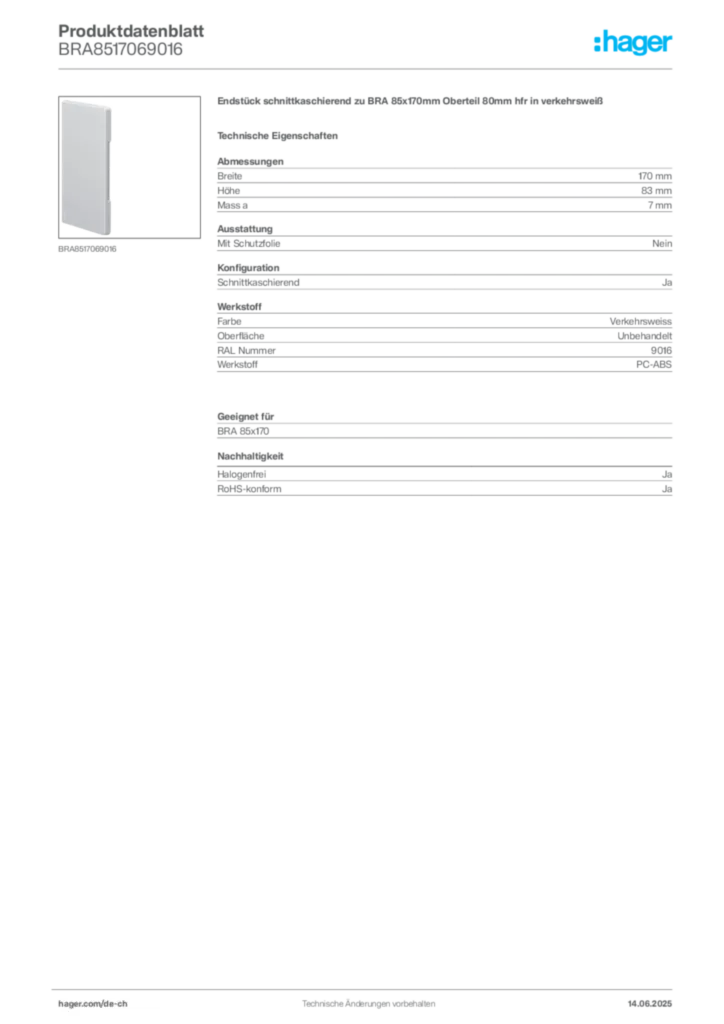 Bild Hager Produktdatenblatt BRA8517069016 | Hager Schweiz