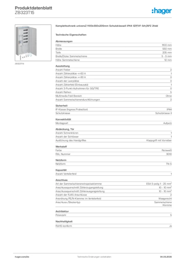 Bild Hager Produktdatenblatt ZB323T15 | Hager Deutschland