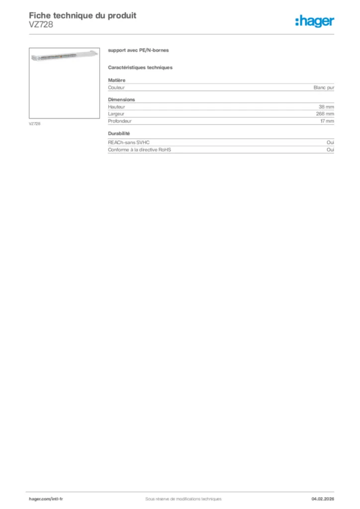 Image Hager Fiche technique du produit VZ728 | Hager Afrique
