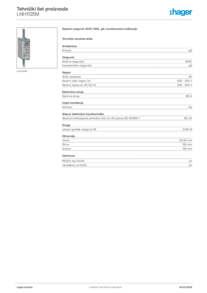 Slika Hager Tehnički list proizvoda LNH1125M  | Hager