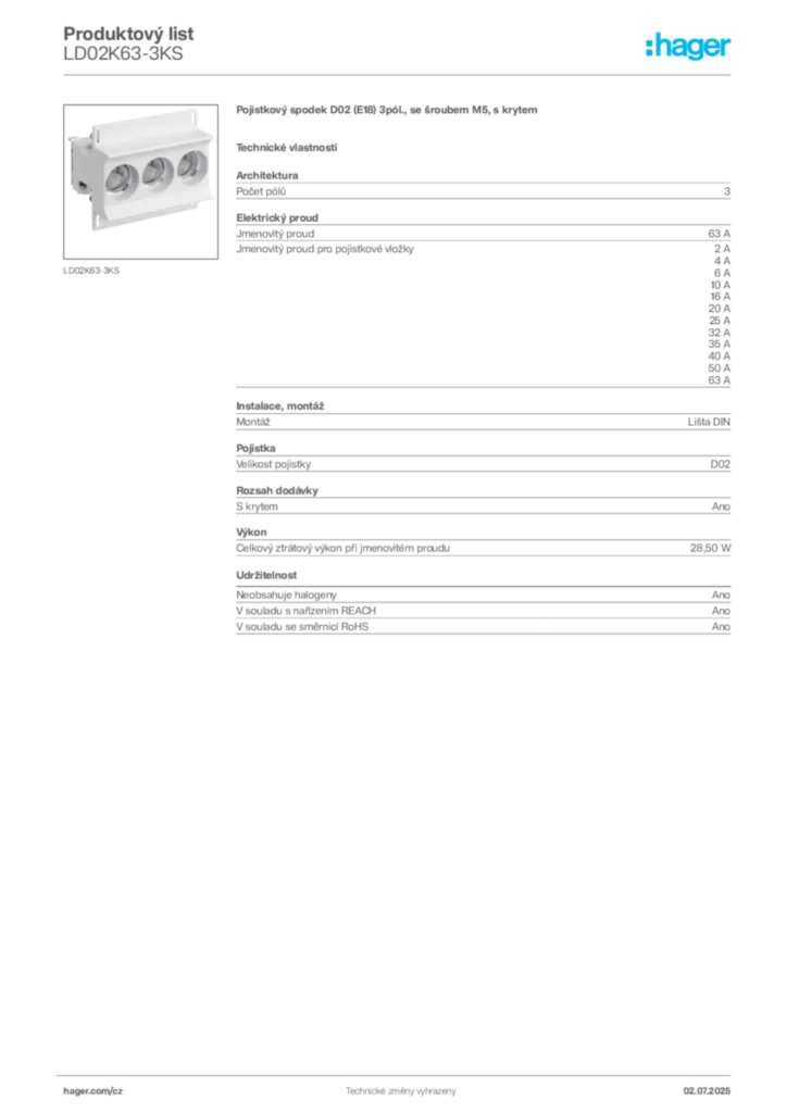 Obrázek Hager Produktový list LD02K63-3KS | Hager
