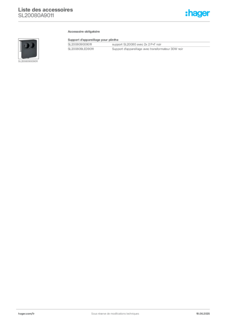 Image Hager Fiche technique du produit SL20080A9011 | Hager France