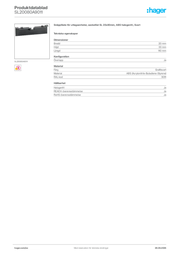 Bild Hager Produktdatablad SL20080A9011 | Hager Sverige