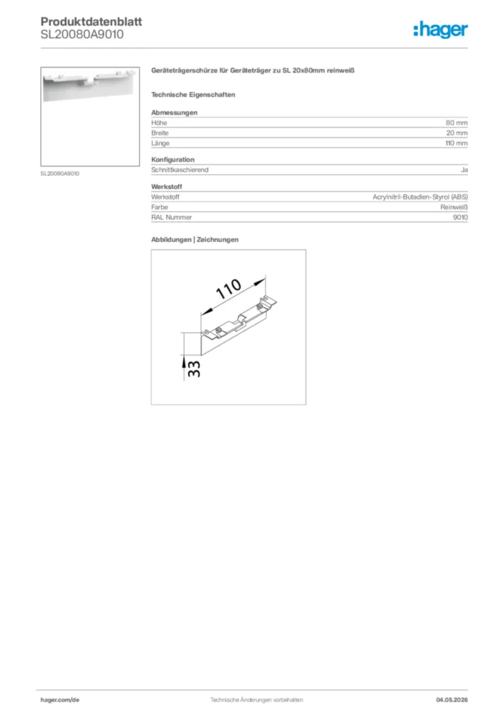 Bild Hager Produktdatenblatt SL20080A9010 | Hager Deutschland