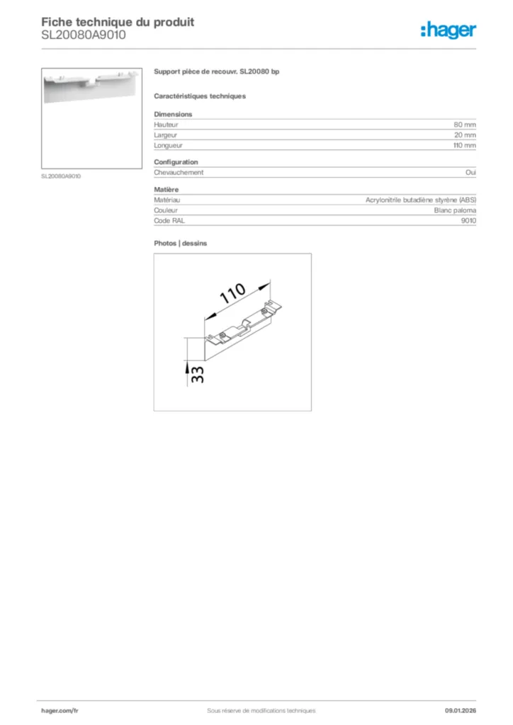 Image Hager Fiche technique du produit SL20080A9010 | Hager France
