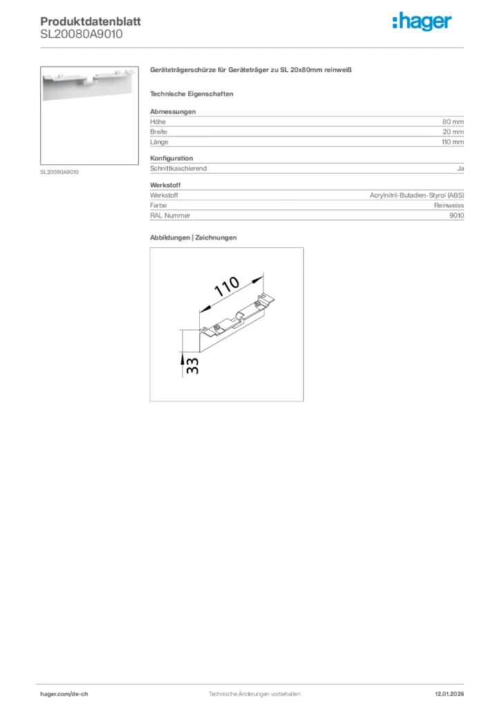 Bild Hager Produktdatenblatt SL20080A9010 | Hager Schweiz