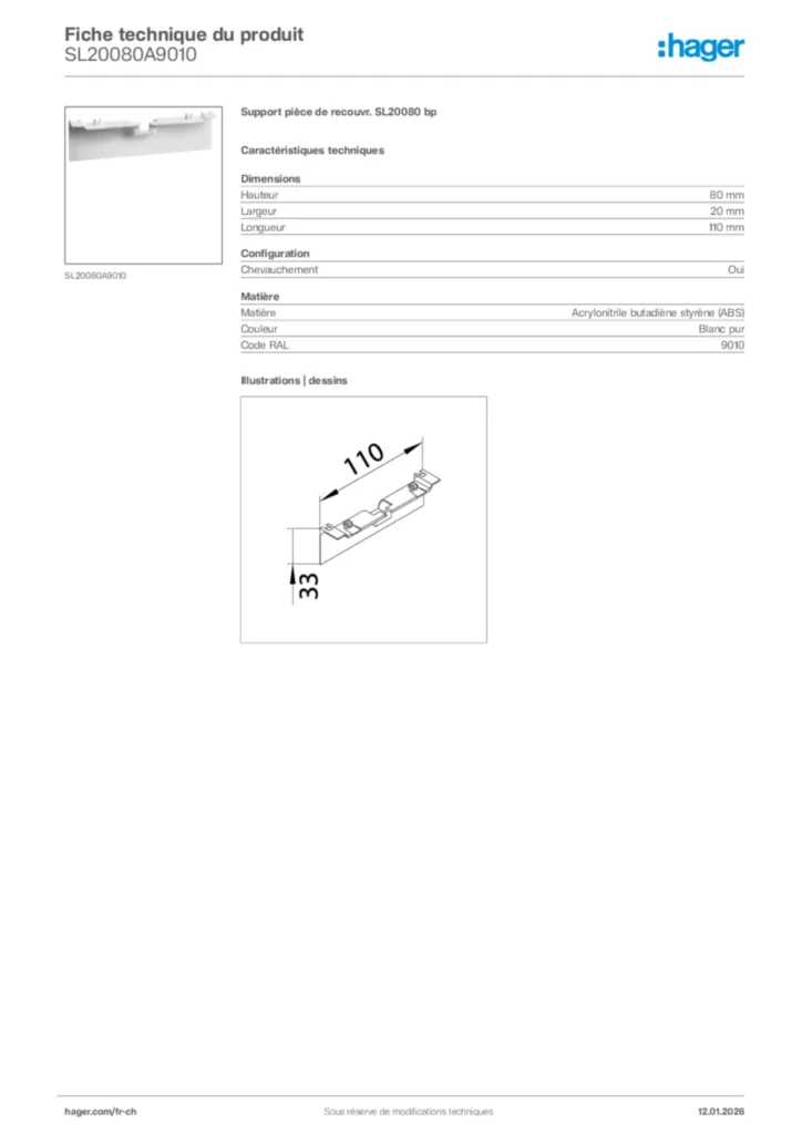 Image Hager Fiche technique du produit SL20080A9010 | Hager Suisse