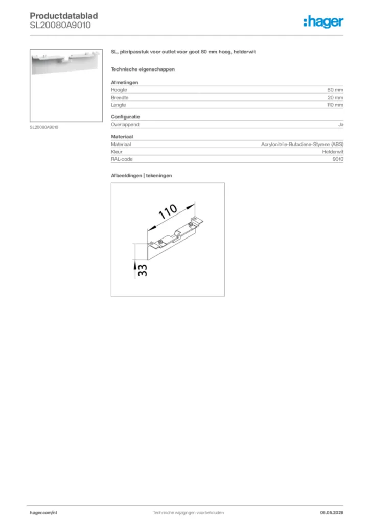 Afbeelding Hager Productdatablad SL20080A9010 | Hager Nederland