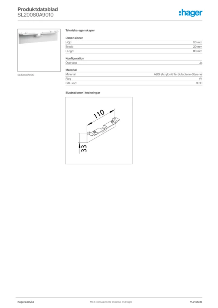 Bild Hager Produktdatablad SL20080A9010 | Hager Sverige