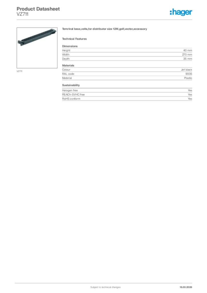 Image Hager Product data sheet VZ711  | Hager Africa