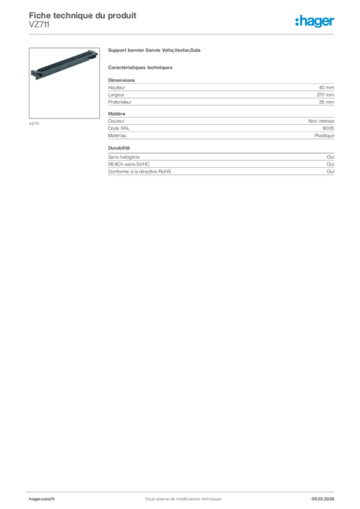 Image Hager Fiche technique du produit VZ711 | Hager France