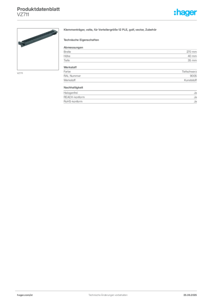 Bild Hager Produktdatenblatt VZ711 | Hager Deutschland