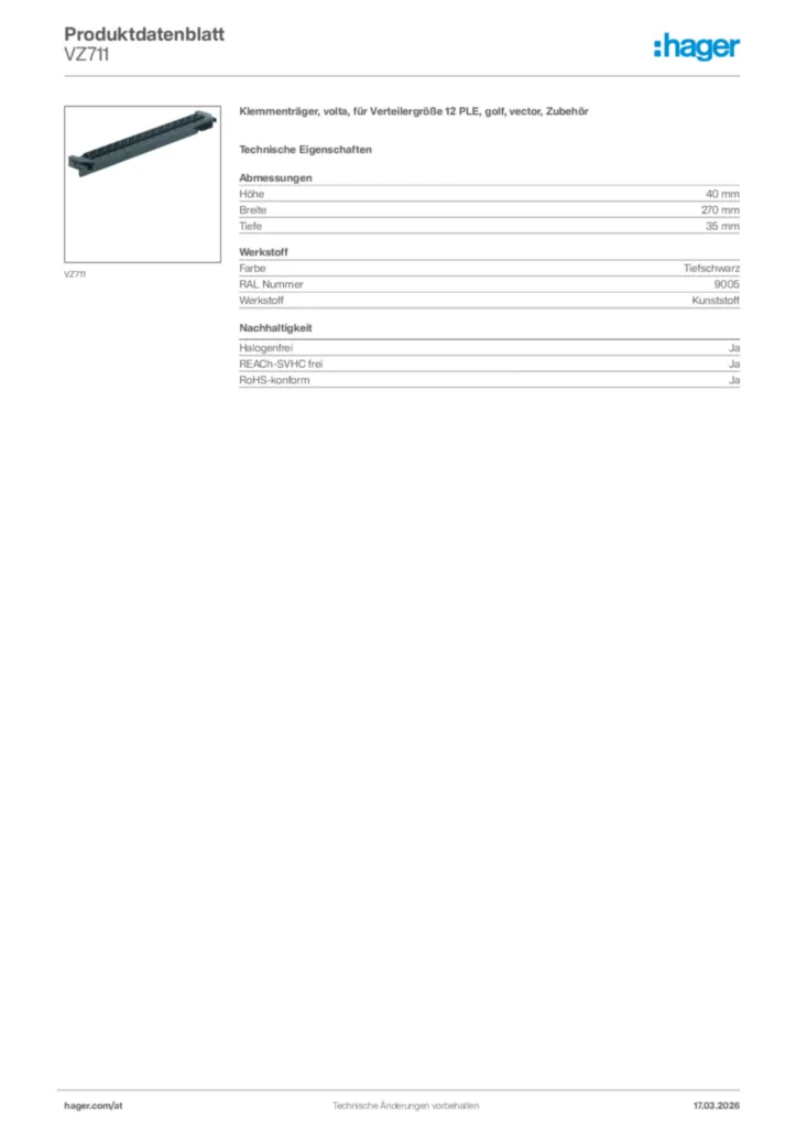 Bild Hager Produktdatenblatt VZ711 | Hager Deutschland