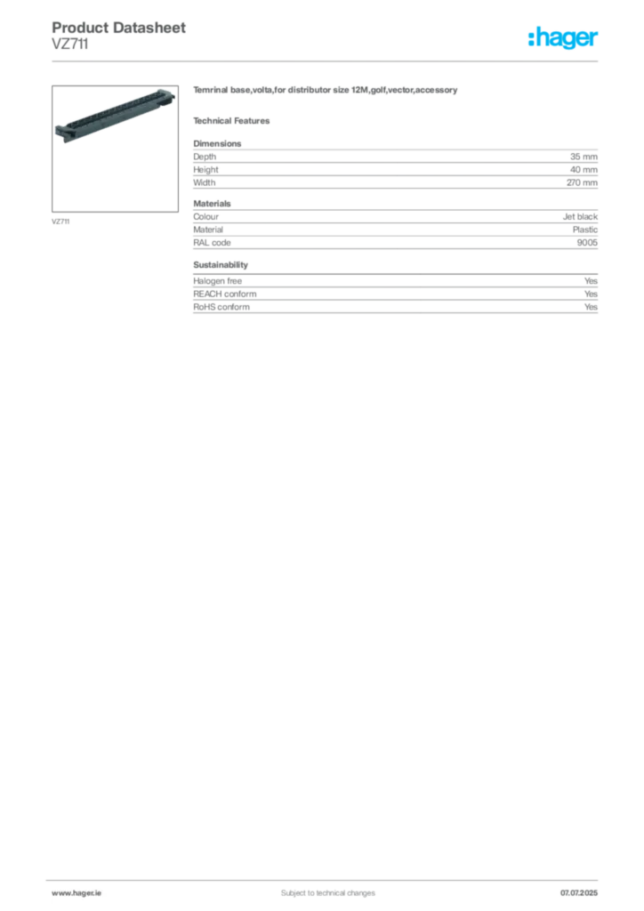 Image Hager Product data sheet VZ711  | Hager