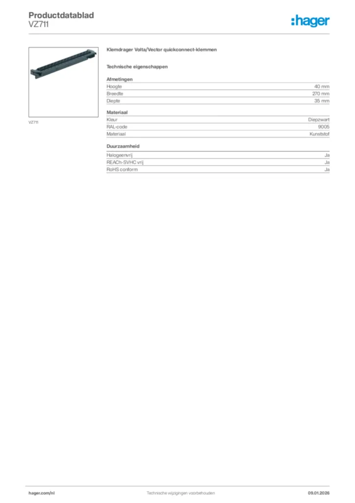 Afbeelding Hager Productdatablad VZ711 | Hager Nederland