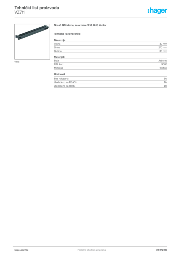 Slika Hager Product data sheet VZ711  | Hager
