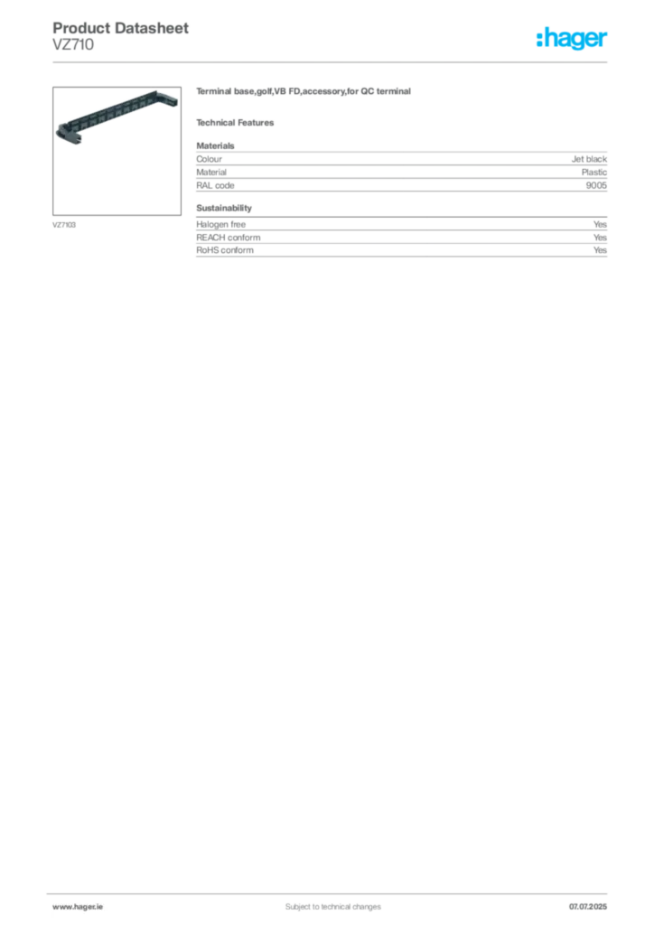 Image Hager Product data sheet VZ710  | Hager