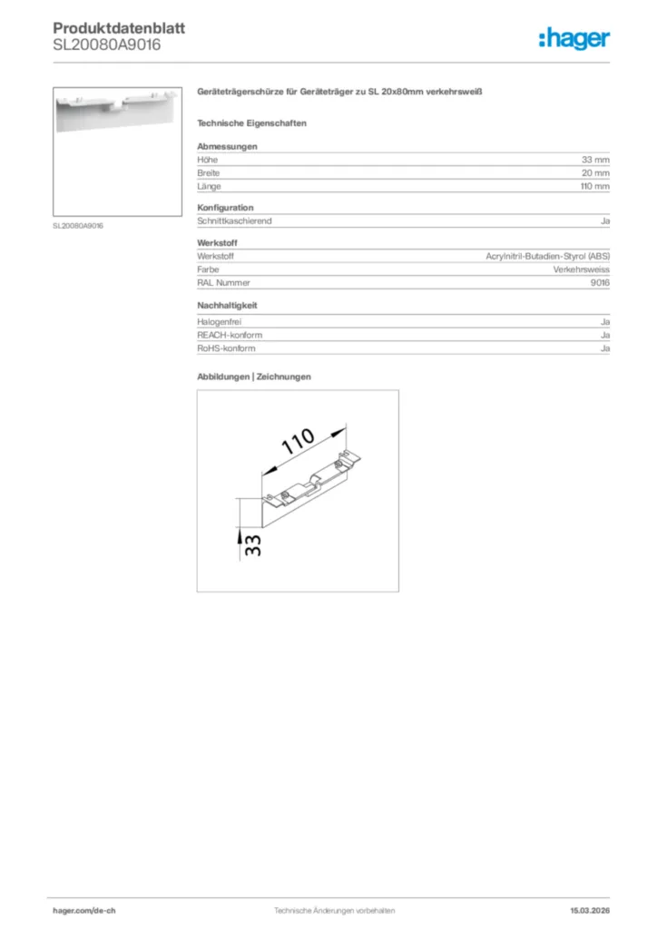 Bild Hager Produktdatenblatt SL20080A9016 | Hager Schweiz