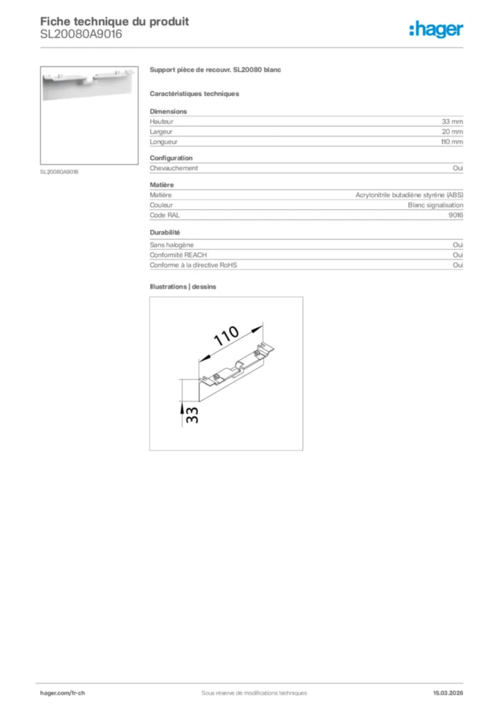 Image Hager Fiche technique du produit SL20080A9016 | Hager Suisse