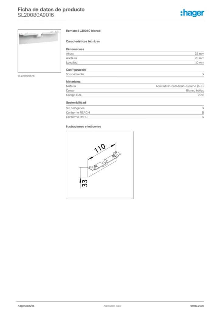 Imagen Hager Ficha de datos de producto SL20080A9016 | Hager España