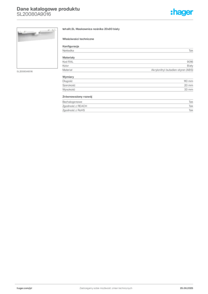 Zdjęcie Hager Karta katalogowa SL20080A9016 | Hager Polska