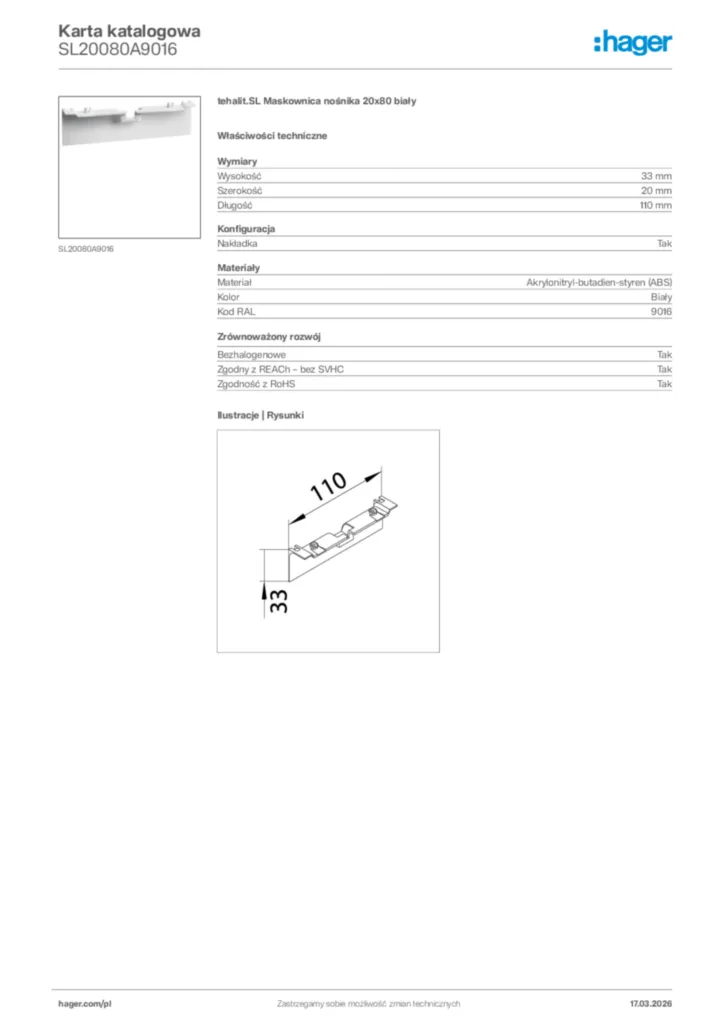 Zdjęcie Hager Karta katalogowa SL20080A9016 | Hager Polska