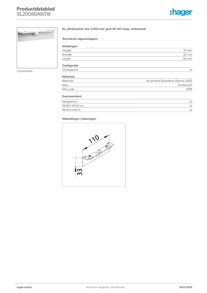 Afbeelding Hager Productdatablad SL20080A9016 | Hager Nederland