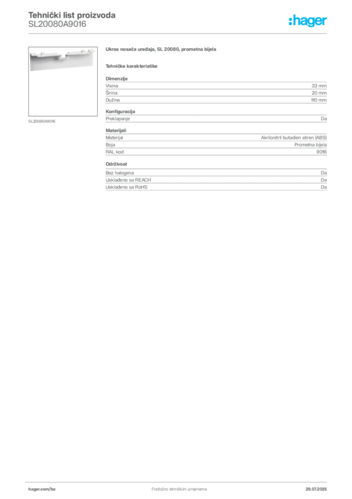 Slika Hager Product data sheet SL20080A9016  | Hager
