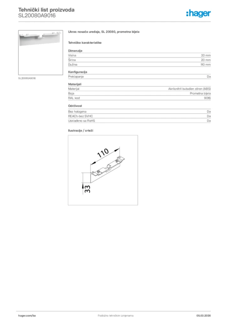 Slika Hager Tehnički list proizvoda SL20080A9016  | Hager