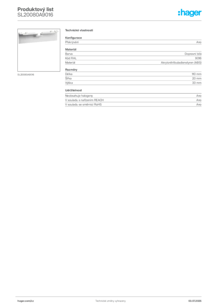Obrázek Hager Produktový list SL20080A9016 | Hager