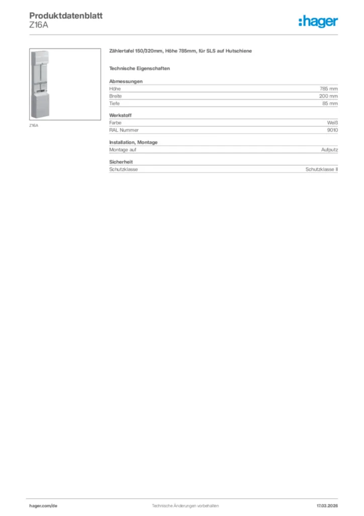 Bild Hager Produktdatenblatt Z16A | Hager Deutschland