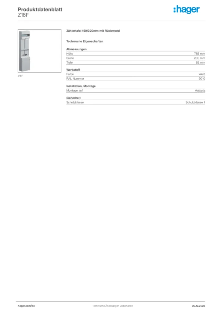 Bild Hager Produktdatenblatt Z16F | Hager Deutschland