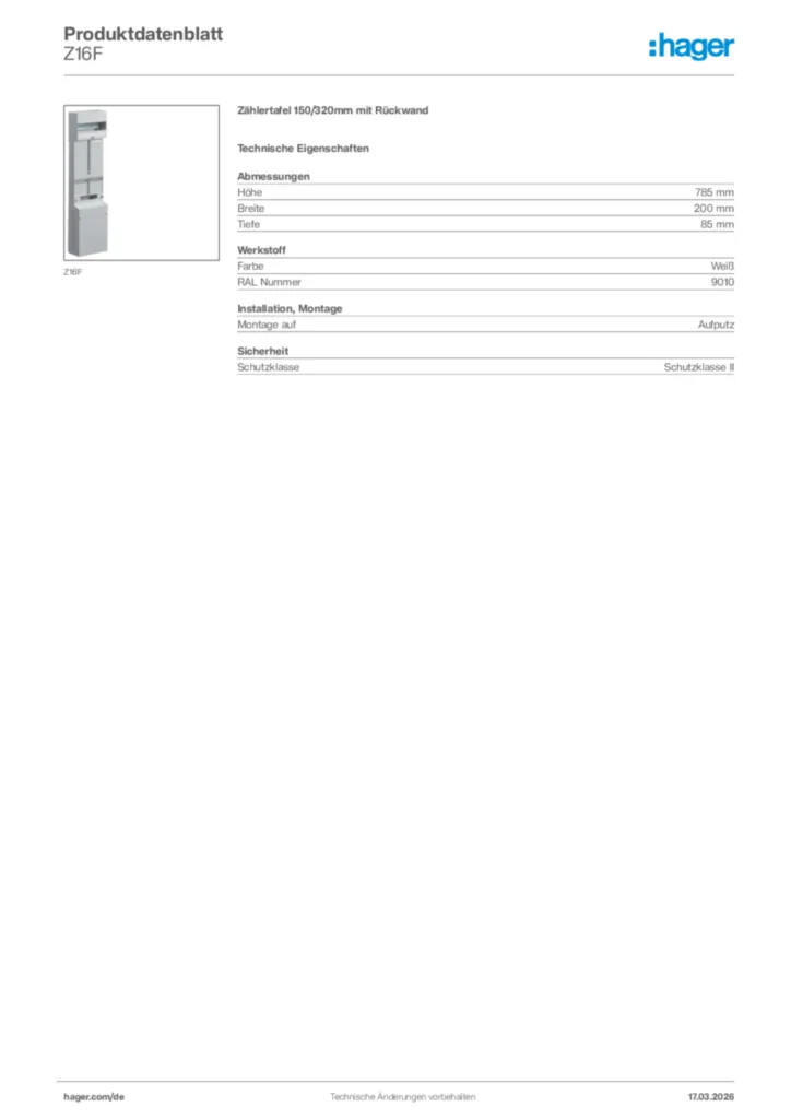 Bild Hager Produktdatenblatt Z16F | Hager Deutschland