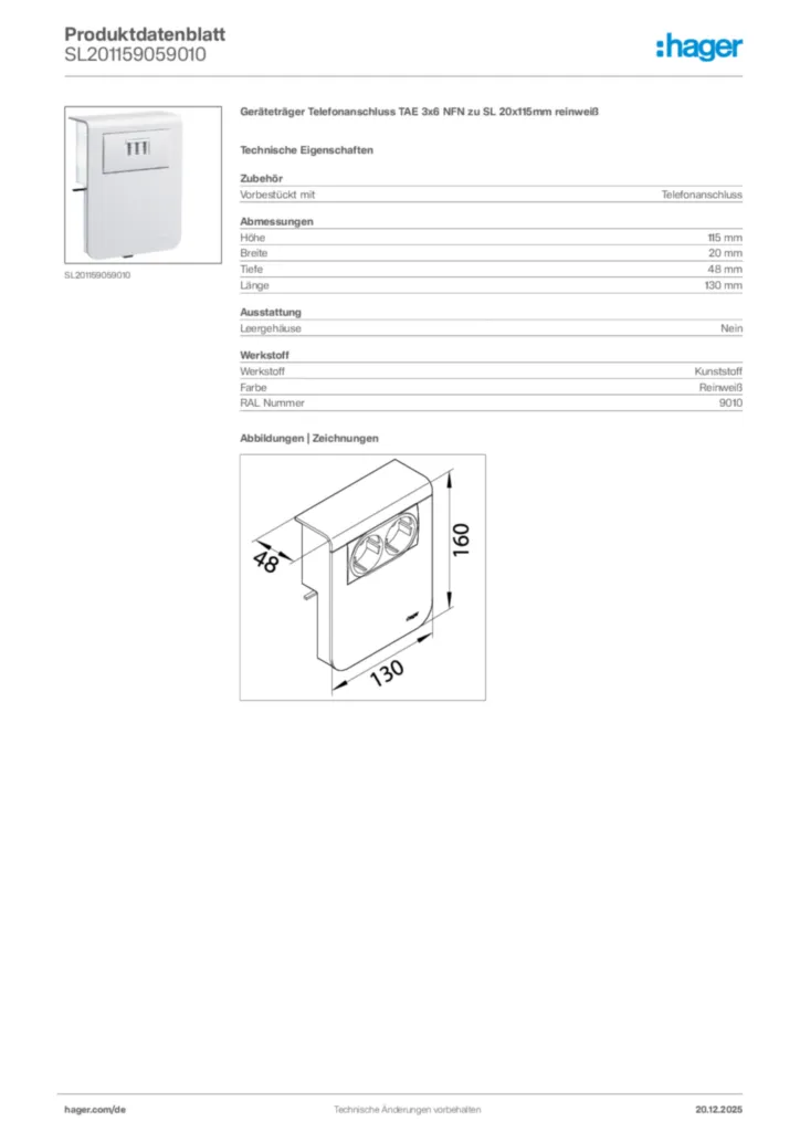 Bild Hager Produktdatenblatt SL201159059010 | Hager Deutschland
