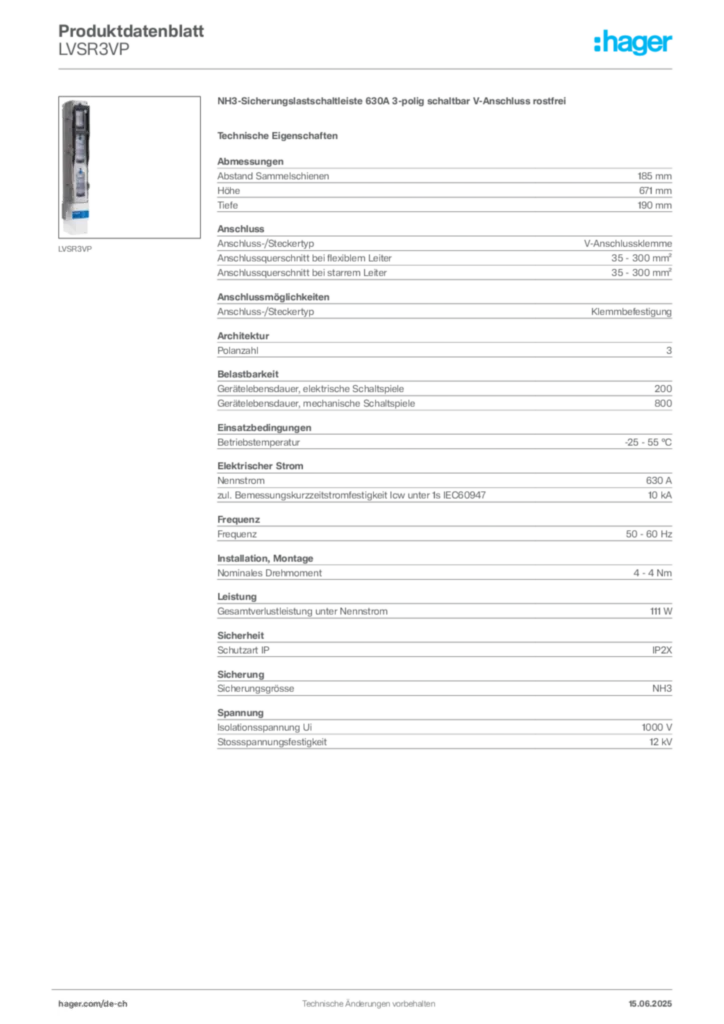 Bild Hager Produktdatenblatt LVSR3VP | Hager Schweiz
