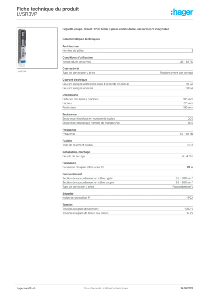 Image Hager Fiche technique du produit LVSR3VP | Hager Suisse