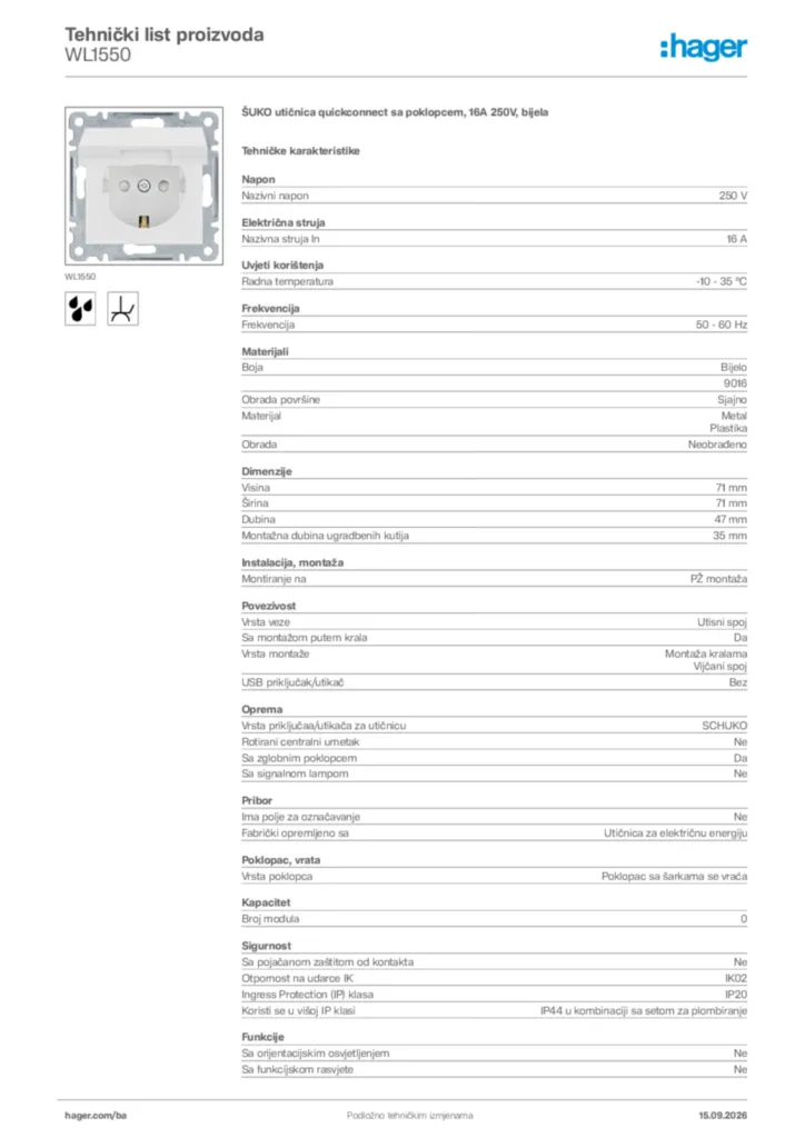 Slika Hager Tehnički list proizvoda WL1550  | Hager
