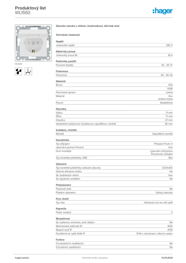 Obrázek Hager Generováno - Datový list produktu WL1550 | Hager